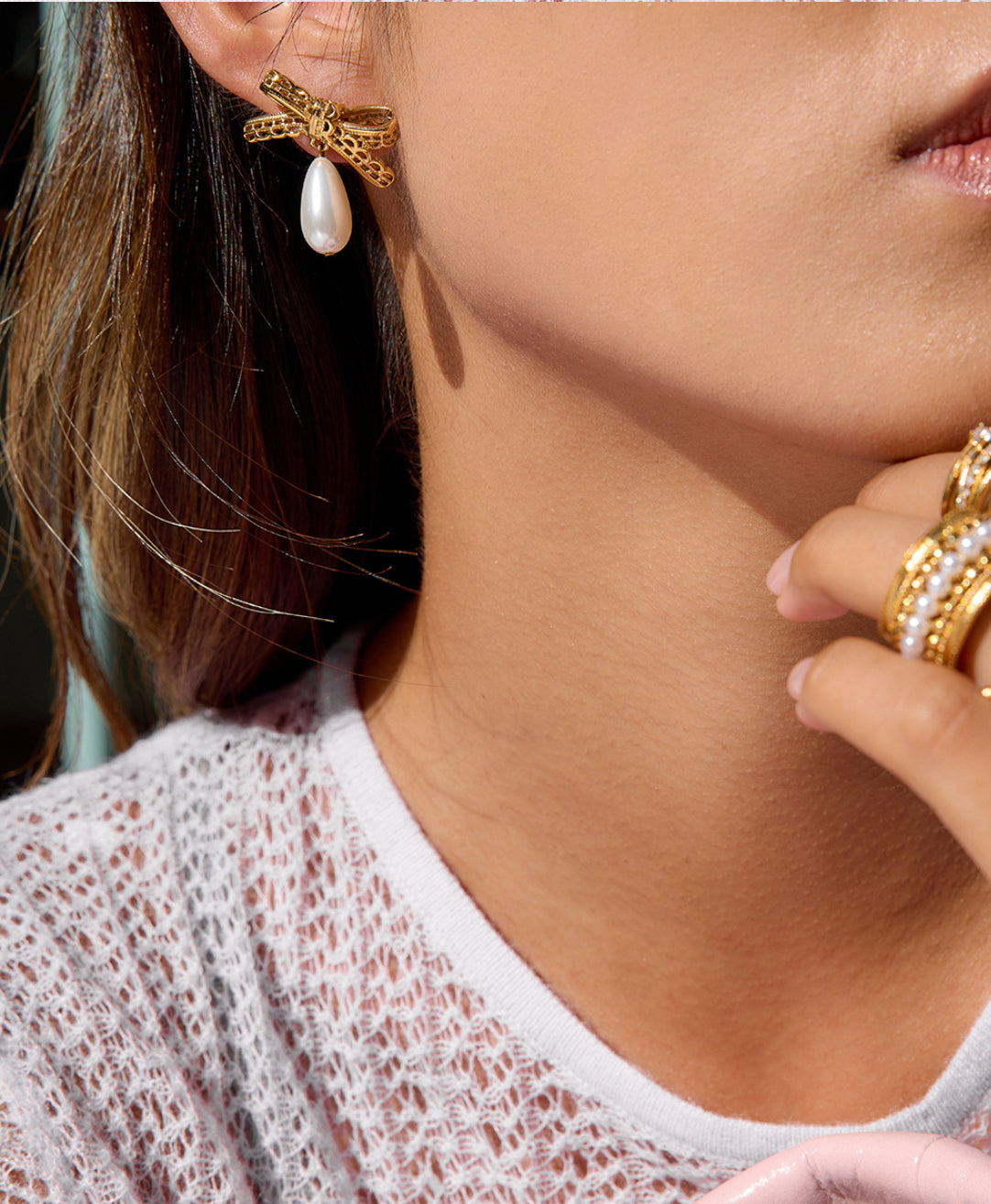 Lace Bow Pearl Earrings